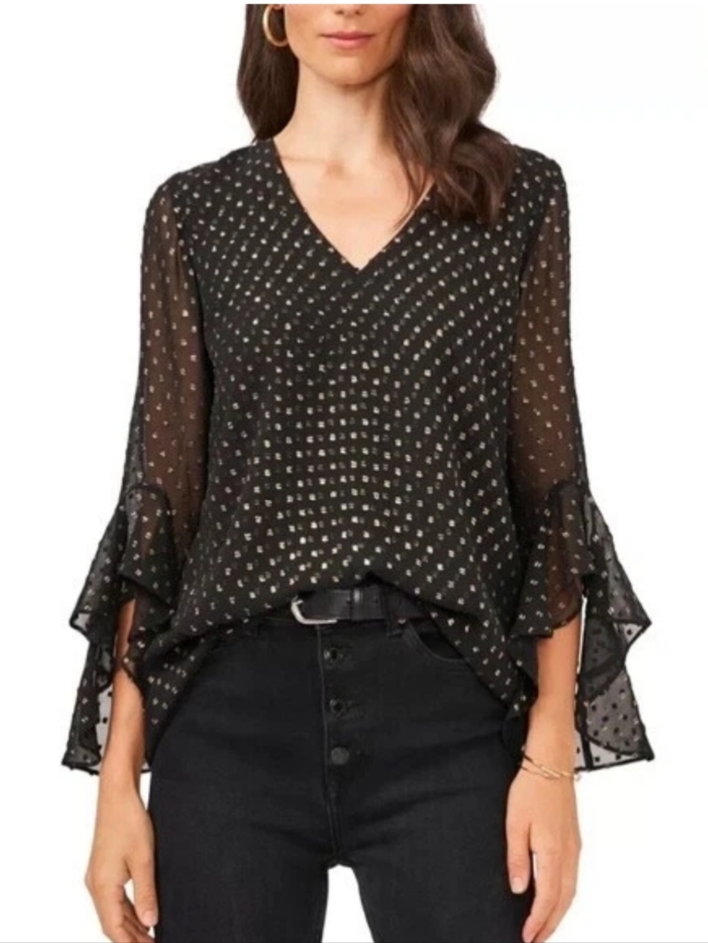 Vince Camuto V Neck Clip Dot Bell Flutter Sleeve Shirt Top Black Gold Small